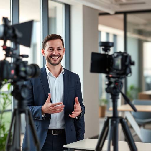 A corporate video shoot featuring a CEO speaking confidently in a modern office.