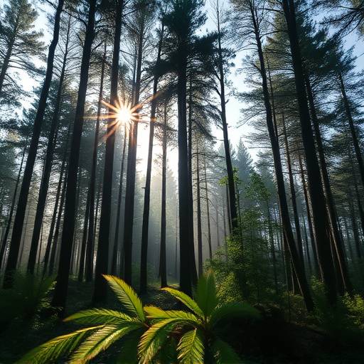 A scene from a nature documentary showing a serene forest landscape with sunlight filtering through the trees.