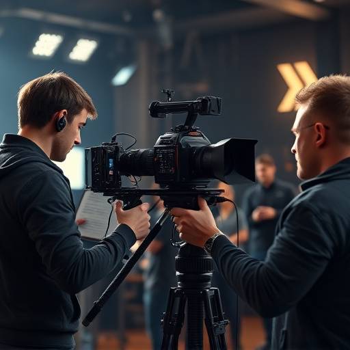 Professional camera crew filming a scene with high-quality equipment on a controlled set.