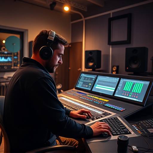 Sound designer editing and mixing audio tracks on a digital audio workstation.