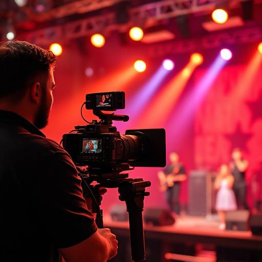Videographer recording a live music event with stage lights and performers.